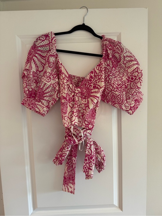 Anthropologie Tops - Maeve Anthropologie Pink Floral Tie-Front Puff Sleeve Blouse